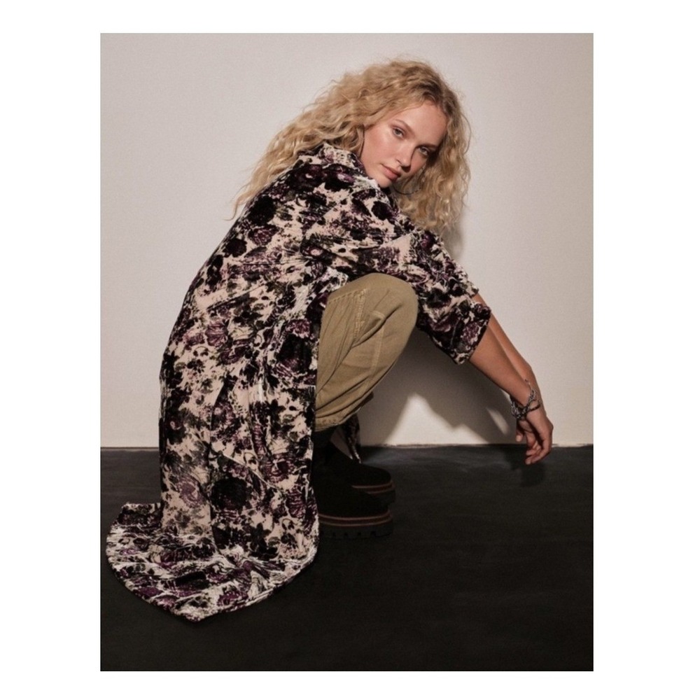Free People Simone Velvet Duster Coat XS Floral Bohemian Long Kimono Jacket NEW
